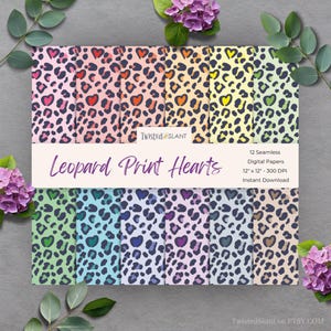 May include: Twelve digital papers featuring a leopard print pattern with hearts in various colours. The papers are 12 inches by 12 inches and 300 DPI.