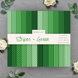May include: A collection of 24 seamless digital papers with green stripes in various shades. The papers are 12" x 12" and 300 DPI. The title "Stripes - Green" is displayed on a cream-colored banner. The brand name "Twisted Slant" is also visible.