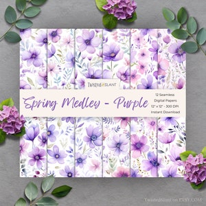 Papier cyfrowy Spring Floral Medley | NATYCHMIASTOWE POBIERANIE | Kwiaty w akwareli | Wzór kwiatowy | Pakiet papieru bezszwowego | Fioletowy | FDP1