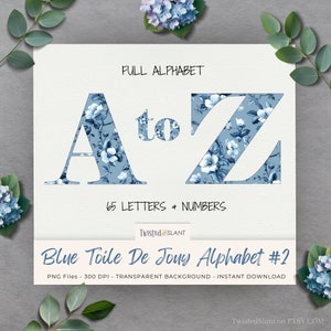 Blue Toile De Jouy Alphabet | INSTANT DOWNLOAD | Blue Toile De Jouy | Chinoiserie Clipart | Floral Toile | Blue | Set 2 | TDJ1