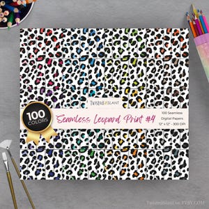 May include: A set of 100 digital papers featuring a seamless leopard print pattern in various colours. The papers are 30.5 cm by 30.5 cm and 300 DPI.