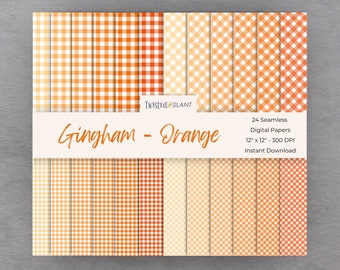May include: A set of 24 digital paper designs featuring a gingham pattern in various shades of orange and white. The papers are 12 inches by 12 inches and 300 DPI.