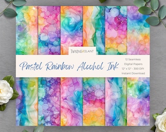 May include: Twelve seamless digital papers featuring pastel rainbow alcohol ink designs. Each paper is 12 inches by 12 inches and 300 DPI.