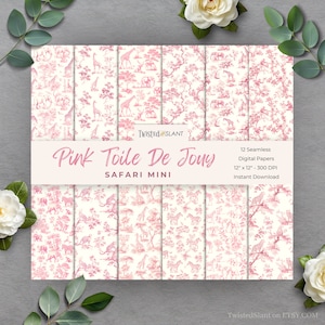 Digitaal Toile De Jouy-papier | DIRECT DOWNLOADEN | Roze Toile De Jouy | Chinoiseriepapier | Naadloos dierenpatroon | Roze | TDJ1
