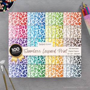 Könnte beinhalten: Ein Set mit 100 digitalen Papieren mit einem nahtlosen Leopardenmuster in verschiedenen Farben. Jedes Papier ist 30,5 cm x 30,5 cm groß und hat eine Auflösung von 300 DPI.