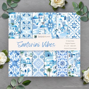 Papel digital Santorini / DESCARGA INSTANTÁNEA / Arte mediterráneo / Azulejo azul y blanco / Paquete de papel sin costuras / Santorini / TILE01