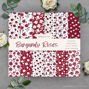 Modello senza cuciture di rose / DOWNLOAD IMMEDIATO / Carte digitali di rose / Rose / Carte senza cuciture / Carte digitali di fiori / Borgogna / FDP1