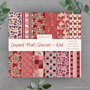 以下が含まれることがあります： 赤色のヒョウ柄とチェリーのデザインが施された、12枚のシームレスデジタルペーパーのコレクション。リボン、チェリー、ヒョウ柄など、さまざまなパターンが特徴です。「Leopard Print Cherries - Red」と「12" x 12" - 300 DPI - Instant Download」と書かれています。