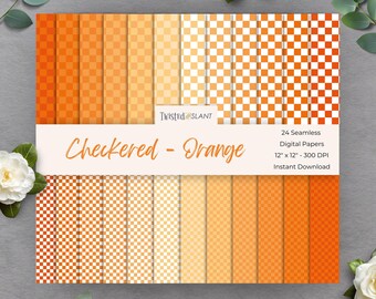 May include: A set of 24 digital papers featuring a checkered pattern in various shades of orange. The papers are 12 inches by 12 inches and 300 DPI.  "Checkered - Orange" and "Twisted SLANT" are written on the white label.