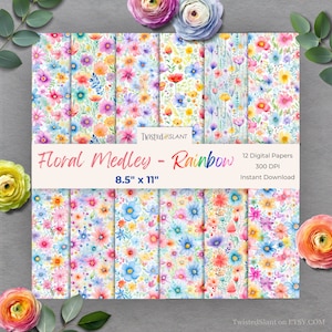 Papier numérique Medley floral printanier | TÉLÉCHARGEMENT IMMÉDIAT | Fleurs aquarelles | Motif floral | Arc-en-ciel | 8,5 x 11 po. | FDP1