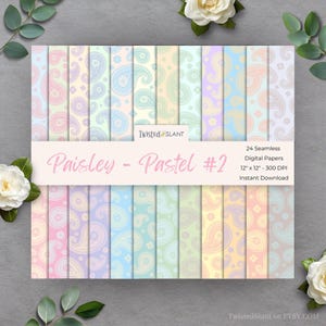 Puede incluir: Un conjunto de 24 papeles digitales sin costuras con diseños de cachemira pastel. Los papeles miden 30,48 cm x 30,48 cm y tienen 300 DPI. El texto en la imagen dice "Paisley - Pastel #2" y "Descarga instantánea".