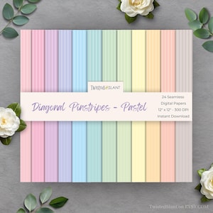 May include: A collection of 24 seamless digital papers with diagonal pinstripes in pastel colors. Each paper measures 12" x 12" and is 300 DPI. The design features a variety of soft hues, including pink, blue, green, yellow, and beige.
