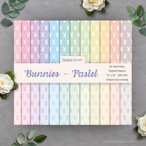 May include: A set of 24 seamless digital papers in pastel shades, each with a repeating pattern of white bunny silhouettes. The papers measure 30.48 cm x 30.48 cm and are titled "Bunnies - Pastel". The image includes text that says "Instant Download".
