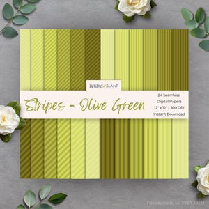 May include: A selection of olive green digital papers featuring different stripe designs. Each paper measures 30.48 cm x 30.48 cm. The image includes the text "Stripes - Olive Green" and "24 Seamless Digital Papers", along with the brand name "Twisted Slant".