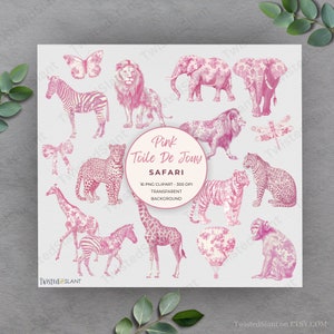 WC-clipart | DIRECT DOWNLOADEN | Roze Toile De Jouy | Chinoiserie-clipart | Vintage toilettas | Safari-achtergrond | Roze | TDJ1