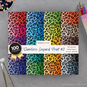 May include: A selection of 100 seamless digital papers with leopard print designs in diverse colours. Each paper measures 30.48 cm x 30.48 cm and is 300 DPI. The image showcases a range of hues, such as red, pink, blue, green, and yellow.