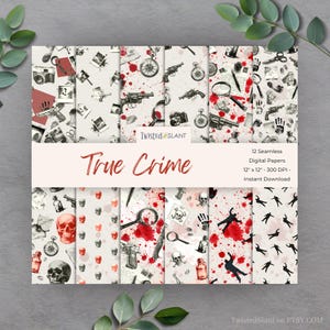 Op de afbeelding: Een verzameling van 12 naadloze digitale papieren met een true crime thema. De papieren bevatten illustraties van misdaadscène-elementen zoals wapens, loepen en bloedspatten. De tekst "True Crime" staat in het rood. Elk papier is 30,48 cm x 30,48 cm.