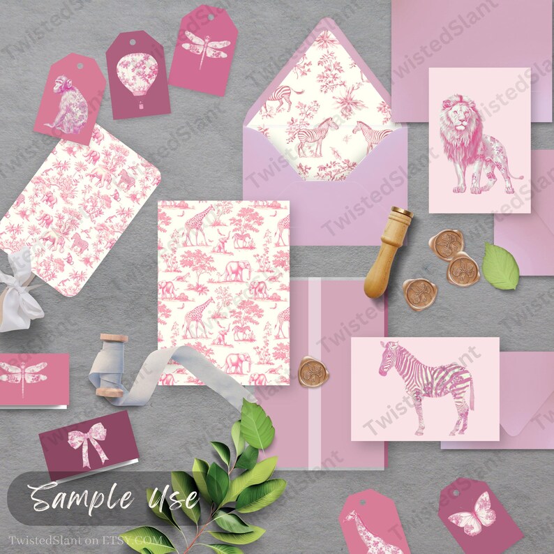 Toile De Jouy Safari Bundle INSTANT DOWNLOAD Pink Toile De Jouy Safari