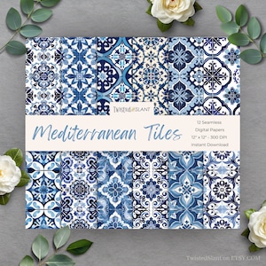 Digitaal papier met blauwe tegels | DIRECT DOWNLOADEN | Mediterrane tegel | Blauwe en witte tegel | Naadloos papierpakket | Mediterraans | TEGEL01