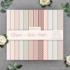 Puede incluir: Un conjunto de 24 papeles digitales sin costuras con diseños de rayas en tonos rosa, beige y verde. Cada papel mide 30,48 cm x 30,48 cm y tiene 300 DPI. El texto dice "Stripes - Boho Pinks" y "Instant Download".