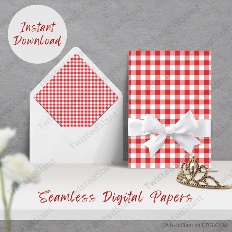 May include: A digital paper pack featuring a red and white gingham pattern. The pattern is seamless and can be used for a variety of crafting projects.