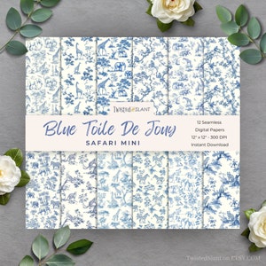 Papier numérique Toile de Jouy | TÉLÉCHARGEMENT IMMÉDIAT | Toile de Jouy bleue | Papier pour chinoiseries | Motif animal sans couture | Bleu | TDJ1