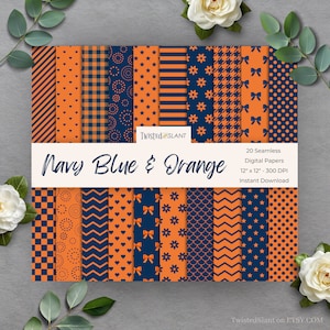 May include: Twenty digital papers in navy blue and orange with various patterns, including stripes, polka dots, hearts, stars, bows, and checkered patterns. Each paper is 12 inches by 12 inches and 300 DPI.