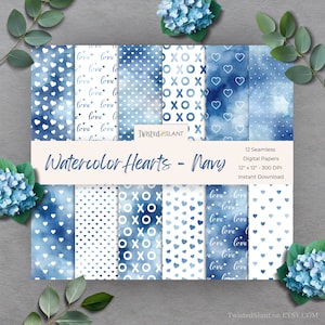 Valentine Herzen nahtlose digitale Papiere | SOFORTIGER DOWNLOAD | Aquarell Herzen | Valentinstag Hintergrund | Nahtlose Papiere | Marineblau | WCH1