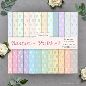 May include: A set of 24 seamless digital papers, each 30.48 cm x 30.48 cm with a 300 DPI resolution. The papers showcase a pastel colour scheme with a repeating bunny pattern. The title "Bunnies - Pastel #2" is displayed.