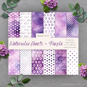 Valentine Hearts Seamless Digital Papers | INSTANT DOWNLOAD | Watercolor Hearts | Valentine Background | Seamless Papers | Purple | WCH1
