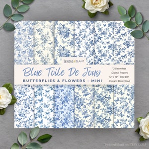 Modello senza cuciture Toile De Jouy / DOWNLOAD IMMEDIATO / Toile De Jouy blu / Carta digitale farfalla / Pacchetto di carta senza cuciture / Blu / TDJ1 / FDP1
