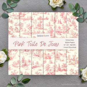 Papier numérique Toile de Jouy | TÉLÉCHARGEMENT IMMÉDIAT | Toile de Jouy rose | Papier pour chinoiseries | Paquet de papier transparent | Rose | TDJ1