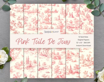 Toile De Jouy Digital Paper | INSTANT DOWNLOAD | Pink Toile De Jouy | Chinoiserie Paper | Seamless Paper Pack | Pink | TDJ1