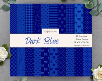 May include: A collection of 20 seamless digital papers in various dark blue patterns, including stripes, polka dots, and floral designs. The text "Dark Blue" is displayed prominently, along with the dimensions of 12" x 12".