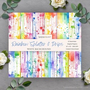 May include: Twelve digital papers featuring a rainbow splatter and drip pattern on a white background. The papers are 12 inches by 12 inches and 300 DPI.