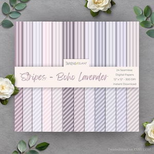 May include: A collection of 24 seamless digital papers with a striped pattern in shades of lavender, pink, and gray. The papers are 12 x 12 inches and 300 DPI. The text on the image reads "Stripes - Boho Lavender" and "Instant Download".