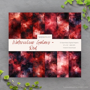 Watercolor Galaxy Digital Paper Seamless Pattern | INSTANT DOWNLOAD | Night Sky Paper | Watercolor Textures | Galaxy Seamless | Red