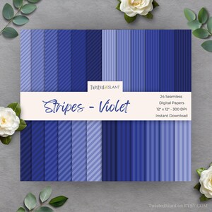May include: A collection of 24 seamless digital papers in shades of violet, featuring various stripe patterns. The papers are 12 x 12 inches and 300 DPI. The title "Stripes - Violet" is displayed on the front.