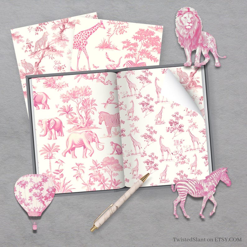 Toile De Jouy Safari Bundle INSTANT DOWNLOAD Pink Toile De Jouy Safari