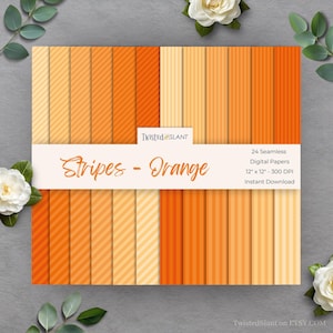 May include: A collection of 24 seamless digital papers with orange stripe patterns. The papers are 12" x 12" and 300 DPI. The title "Stripes - Orange" is displayed on a white banner. The brand name "Twisted Slant" is also visible.