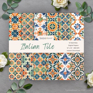 Papier numérique « Mediterranean Tiles » | TÉLÉCHARGEMENT IMMÉDIAT | Carrelage méditerranéen | Italie Papier numérique | Paquet de papier transparent | italien | TILE01