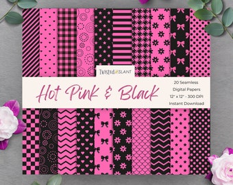Hot Pink and Black Digital Paper | INSTANT DOWNLOAD | Seamless Geometric | Pattern Collection | Black and Hot Pink | GEOM01