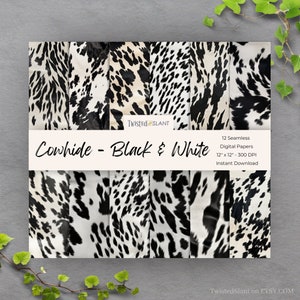 Puede incluir: Doce papeles digitales sin costuras con un patrón de piel de vaca en blanco y negro. Cada papel mide 30,5 cm por 30,5 cm y 300 DPI.