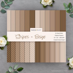 Puede incluir: Un conjunto de 24 papeles digitales sin costuras con rayas beige en varios tonos. Los papeles miden 30,48 cm x 30,48 cm y tienen una resolución de 300 DPI. El texto "Stripes - Beige" se muestra en una pancarta blanca. La marca "Twisted Slant" es visible.