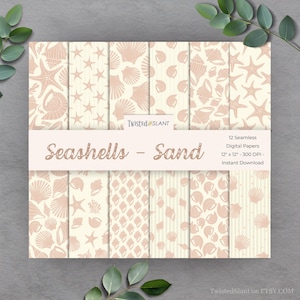 May include: A set of 12 seamless digital papers featuring seashell and starfish designs in beige and coral hues. The text "Seashells - Sand" is displayed on a banner. Each paper measures 30.48 cm x 30.48 cm.