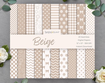 May include: Set of 20 beige digital papers with various patterns, including stripes, polka dots, stars, hearts, bows, and geometric designs. Each paper is 12 inches by 12 inches and 300 DPI.