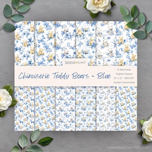 May include: Twelve digital papers featuring a seamless pattern of teddy bears in a chinoiserie style with blue and white floral accents. The papers are 12 inches by 12 inches and 300 DPI.