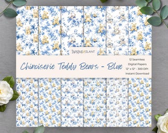 Chinoiserie Toile De Jouy Seamless Nursery Background | INSTANT DOWNLOAD | Teddy Bear Digital Paper | Seamless Papers | Blue | TDJ1