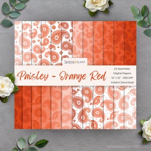 May include: A set of 24 seamless digital papers featuring paisley designs in shades of orange and red. Each paper measures 30.48 cm x 30.48 cm and is available for instant download. The text "Paisley - Orange Red" is displayed.