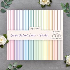 May include: A collection of 24 seamless digital papers with pastel vertical lines. The papers are 12" x 12" and feature a variety of soft colors, including pink, blue, green, and yellow. The text on the image reads "Large Vertical Lines - Pastel".